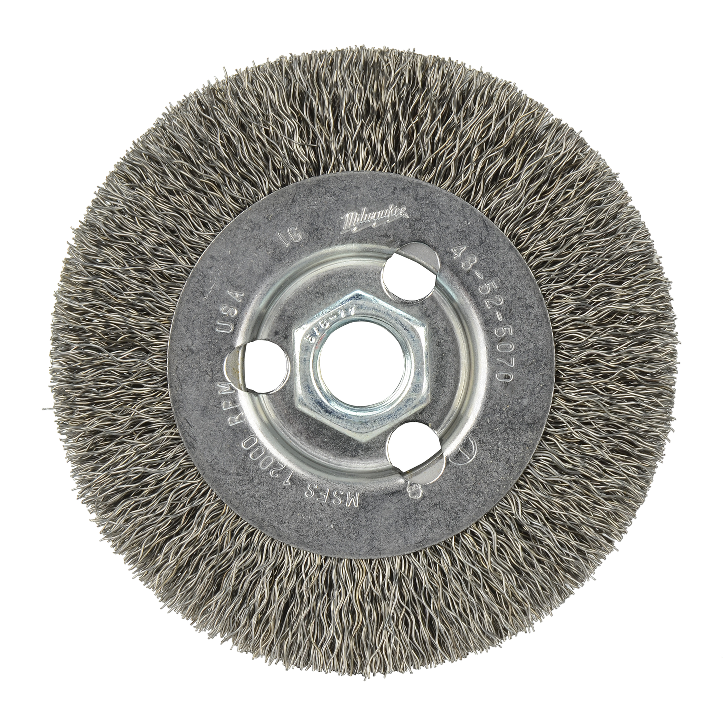 Carbon steel radial crimped wire brush wheel for power tool accessories and woodworking tool use under $50.