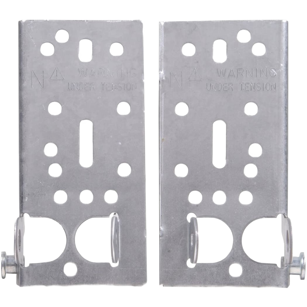 Pair of galvanized steel bottom lift and roller brackets with multiple mounting holes for home improvement projects