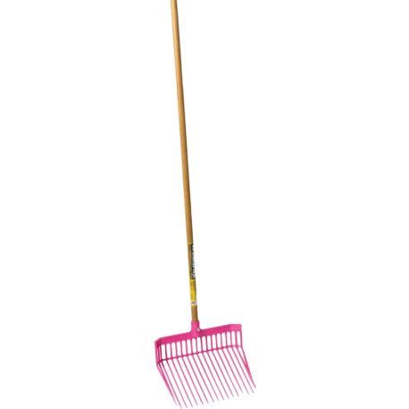 Long wooden handle tool with pink plastic fork head for gardening and outdoor home improvement tasks