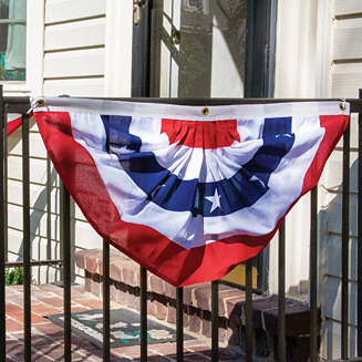 Red, white, and blue polycotton pleated fan bunting with brass grommets for outdoor flags and lawn decor collections