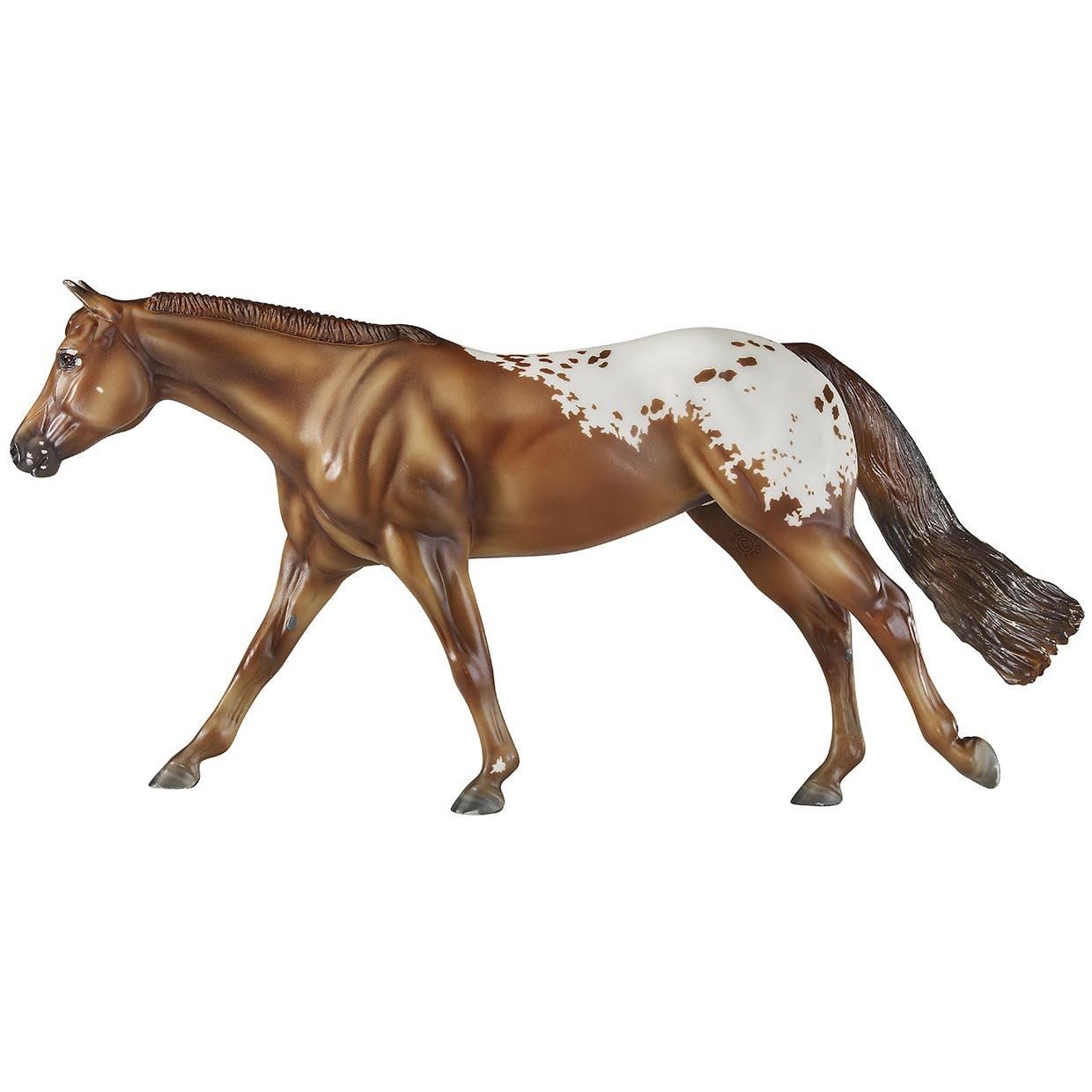 Realistic brown and white Appaloosa stallion figurine in mid-stride, detailed mane and tail sculpted accurately