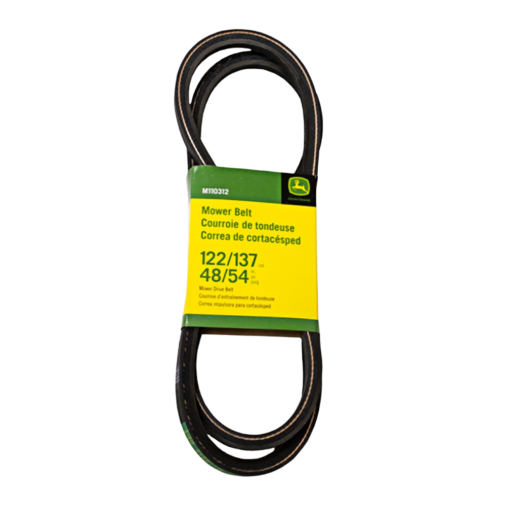Black rubber mower drive belt with green and yellow John Deere packaging for engine auxiliary drive replacement