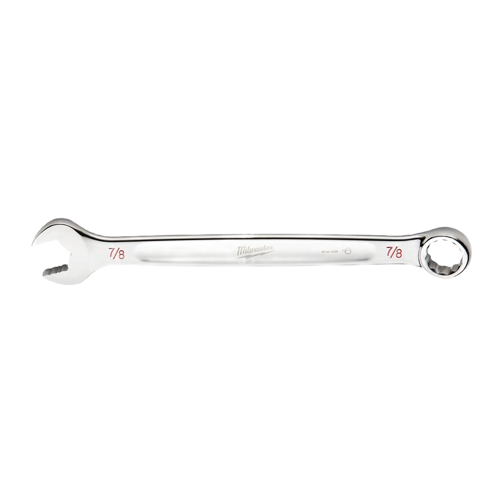 Polished steel combination wrench with open and boxed ends, featuring 7/8-inch size for home improvement tasks.