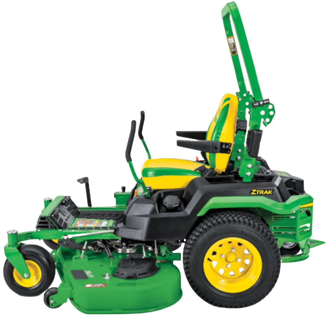 Side view of green and yellow lawn mower with 60-inch deck designed for tools and home improvement tasks