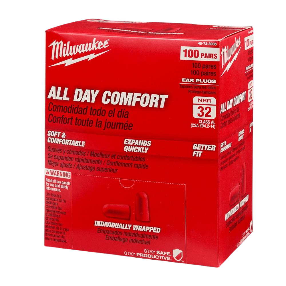 Red box of Milwaukee ear plugs offering soft, quickly expanding hearing protection for all-day comfort in safety gear collections