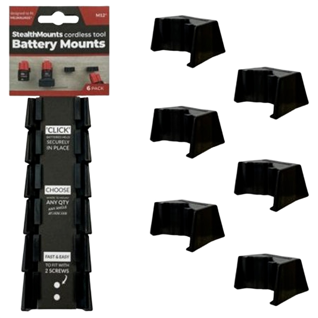 Set of six black cordless tool battery mounts for workshop organization and tool storage under $50.