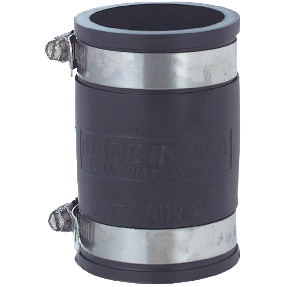 Black plastic flexible coupling with metal clamps for joining PVC pipes in plumbing and home improvement projects
