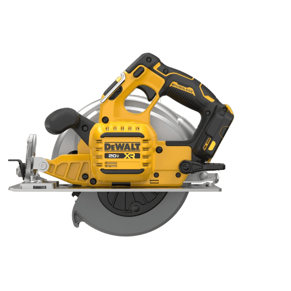 Yellow and black cordless 7-1/4 inch circular saw with brushless motor for woodworking and power tool collections