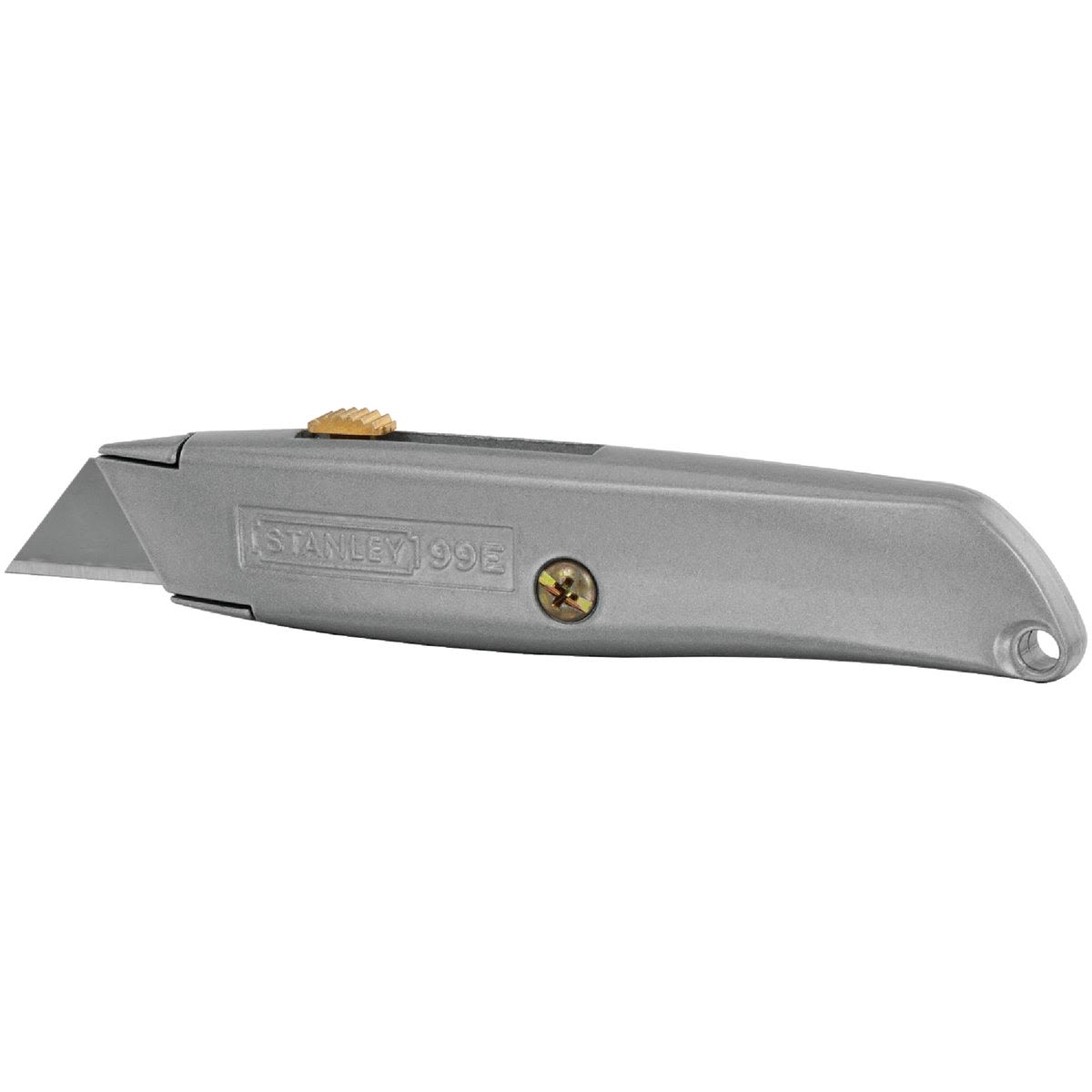 Gray metal retractable utility knife with brass slider for cutting tasks in woodworking and hand tools collections under $25