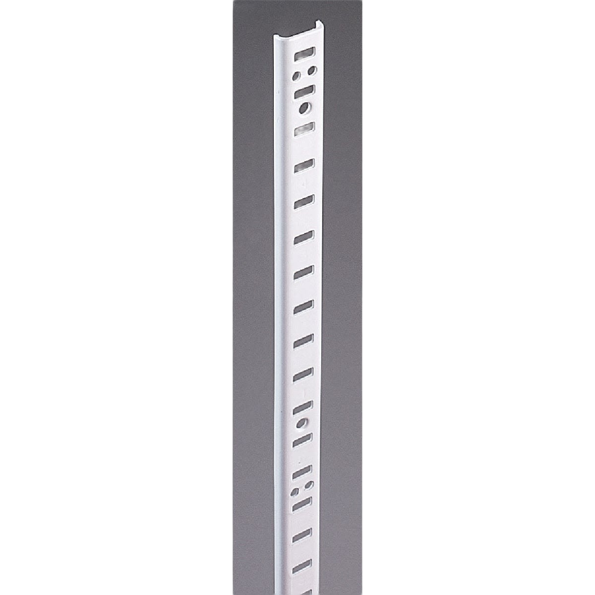 White zinc-plated pilaster shelving standard with multiple slots for adjustable brackets in storage organization collections
