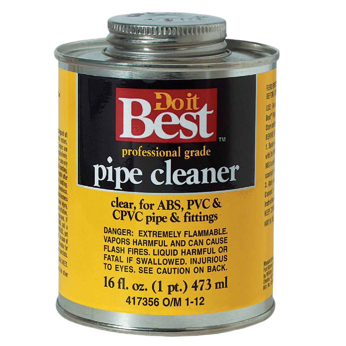 Clear professional grade pipe cleaner for ABS, PVC, and CPVC pipes and fittings in tools and home improvement projects