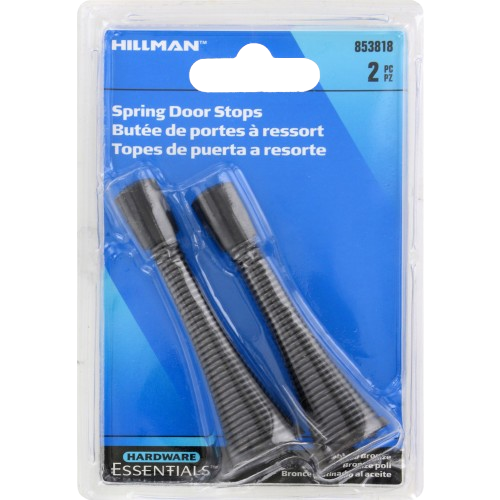Pair of oil rubbed bronze spring door stops in clear plastic packaging, ideal for door accessories and hardware collections