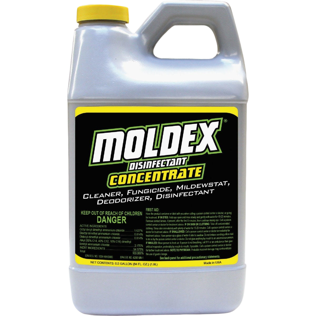 64 oz. disinfectant concentrate cleaner and mildew stain remover in a white plastic jug for cleaning supplies collection