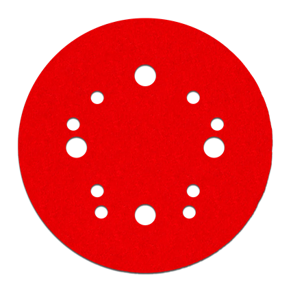 Red 5-inch sanding disc with multiple dust extraction holes designed for power tool abrasive applications.