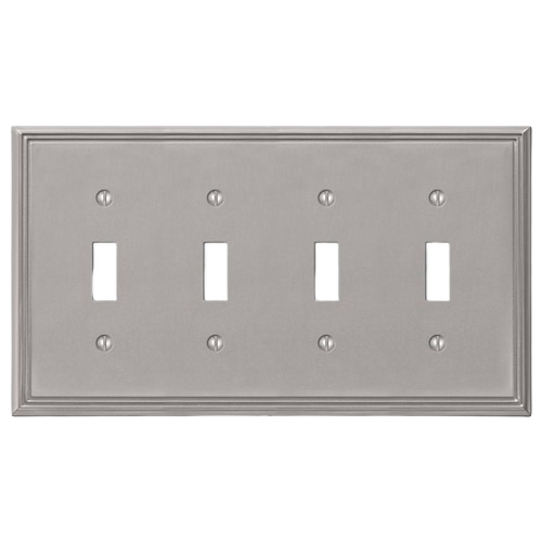 Four toggle switch metal cover plate in brushed nickel finish for home improvement and electrical upgrades