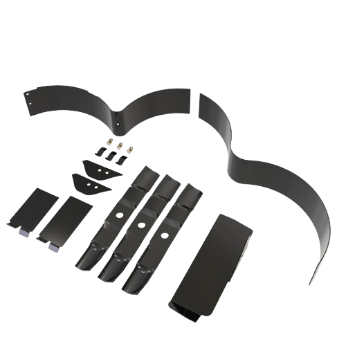 Set of black steel mulching blades and curved plates for lawn mower attachment in tools and home improvement use