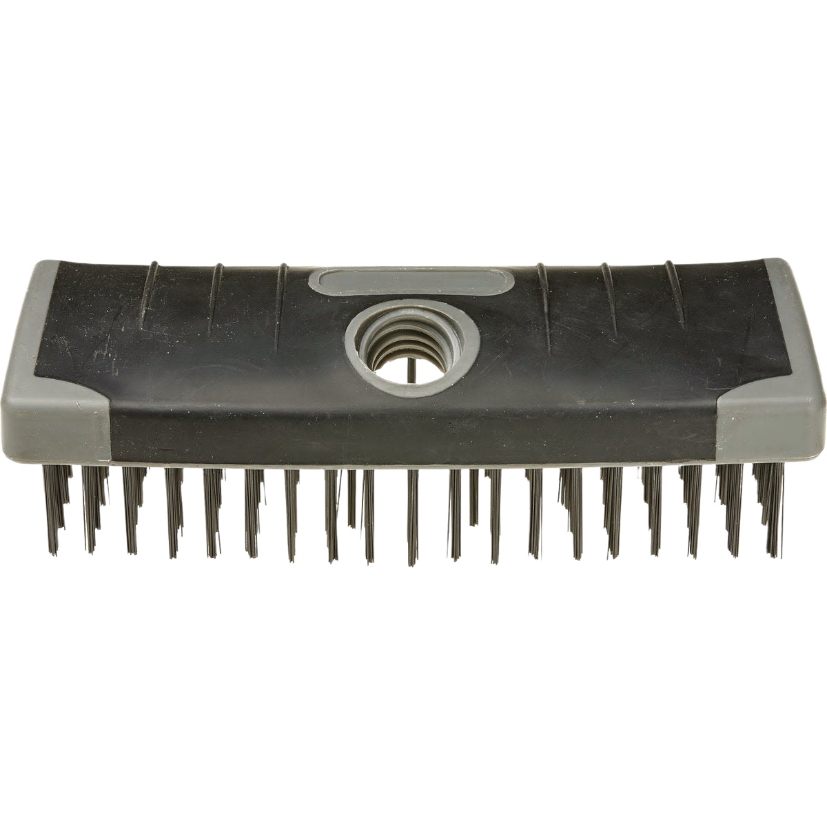 Stiff wire block scrub brush with black and gray grip, designed for heavy-duty cleaning and pole attachment in tools collection