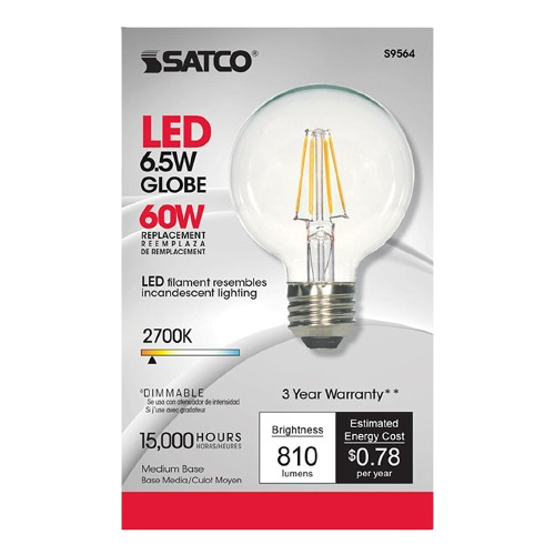 6.5-watt LED globe bulb with filament style, medium base, 810 lumens, dimmable, for lighting and electrical home improvement collections