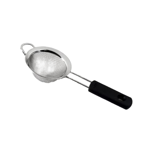 Compact stainless steel kitchen strainer with black ergonomic handle for easy draining and filtering tasks in kitchenware collections