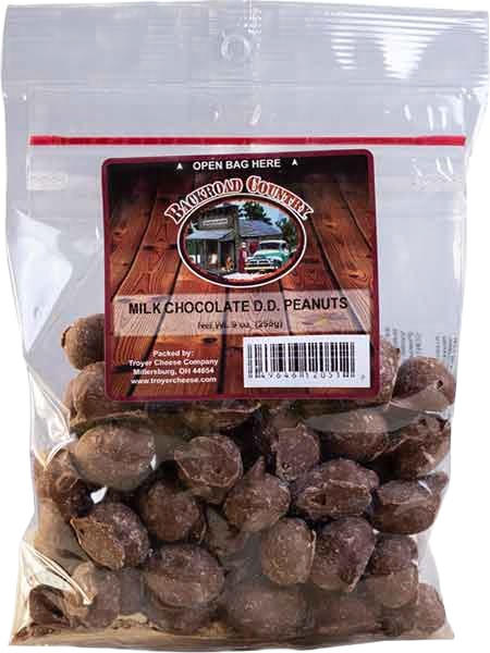 Clear resealable bag filled with milk chocolate covered peanuts labeled Backroad Country in candies and food collection