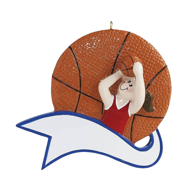 Girl basketball player ornament dunking with textured basketball and customizable banner for Christmas tree decor under $50