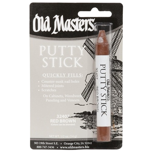 Red brown putty stick for filling nail holes, scratches, and woodwork repairs in home improvement projects