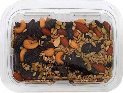 Clear plastic container filled with mixed nuts, seeds, and dried raisins from snacks collection under $50