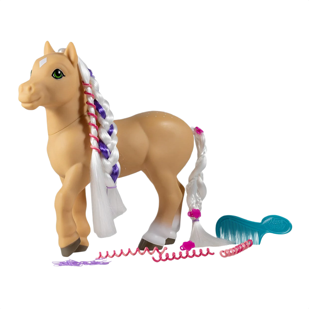 Toy pony with braided white mane and tail and blue comb for imaginative play and styling activities