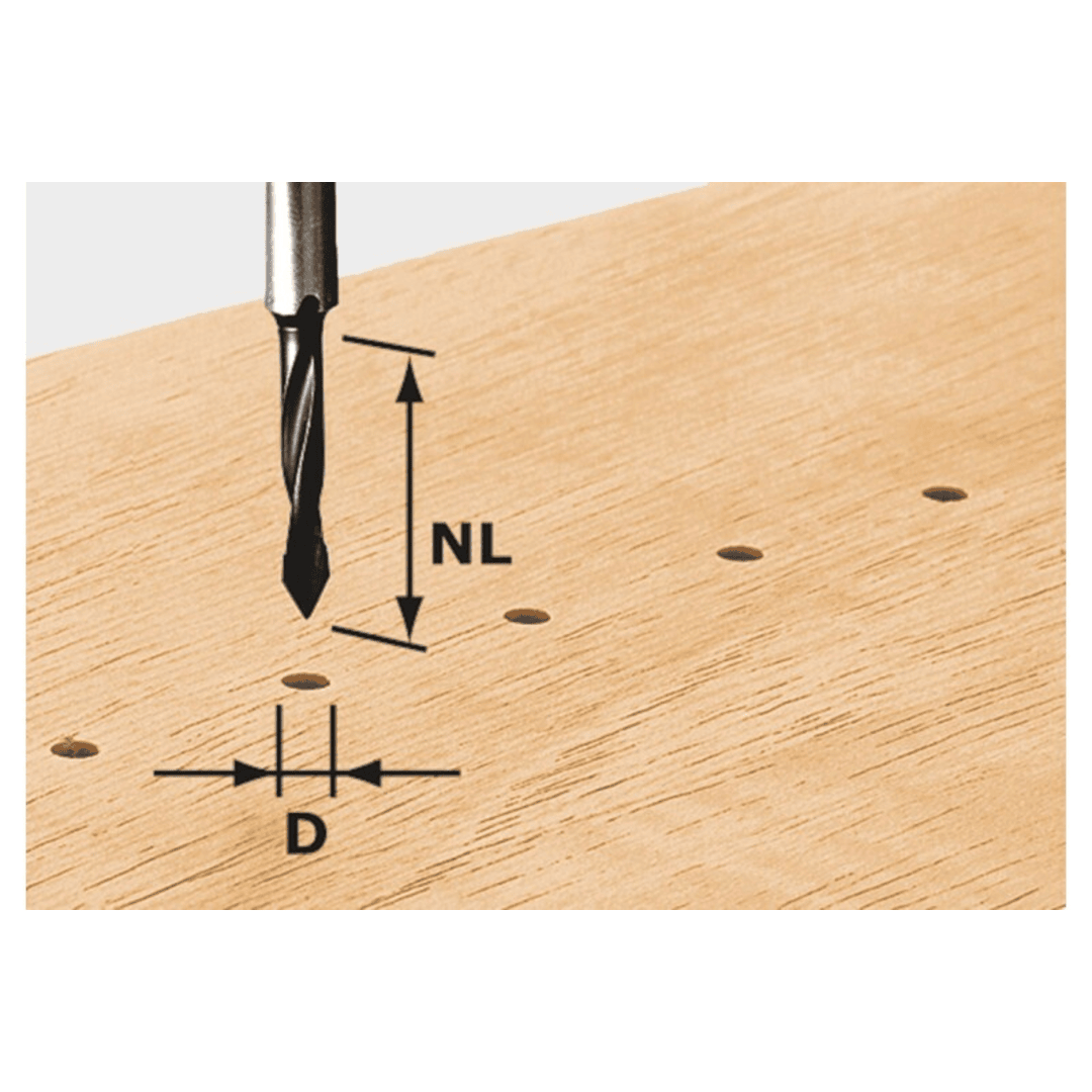 Festool spear-point dowel drill bit creating precise holes in wood for tool and home improvement accessory use under $50 collection