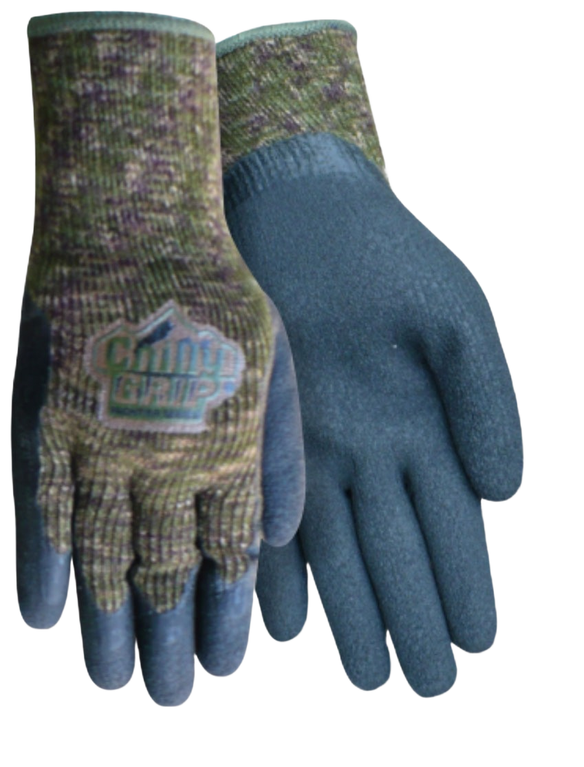 Pair of small blue camo grip gloves with thermal knit liners for safety and work in hardware and PPE collections