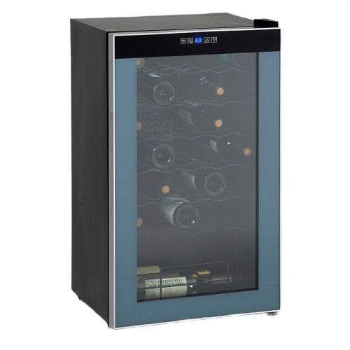Black freestanding wine chiller with glass door, digital display, and storage for multiple bottles from Refrigerators collection