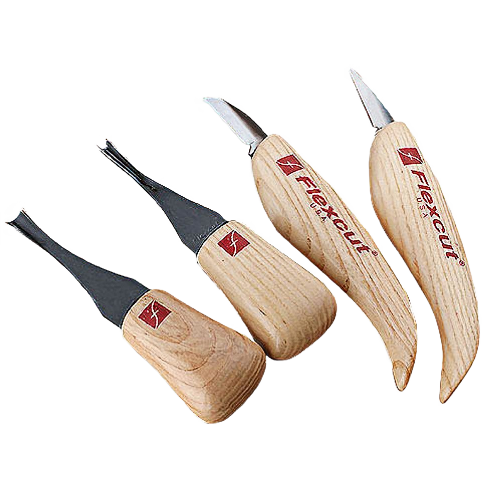 Set of four Flexcut wood carving tools with curved blades and ergonomic wooden handles for detailed woodworking projects under $100 collection