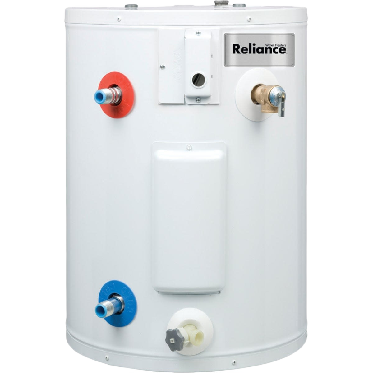 Compact electric water heater with white cylindrical tank and top-mounted plumbing connections for home improvement use