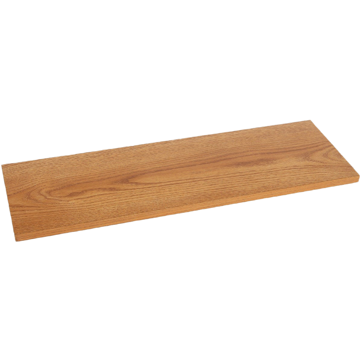 Oak-finish all-purpose shelf measuring 8 by 36 inches, ideal for storage and organization projects under $50
