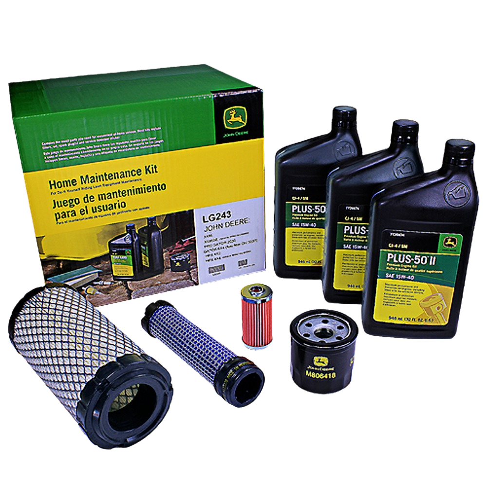 Set of oil bottles, filters, and a green and yellow box for home maintenance and tools improvement tasks