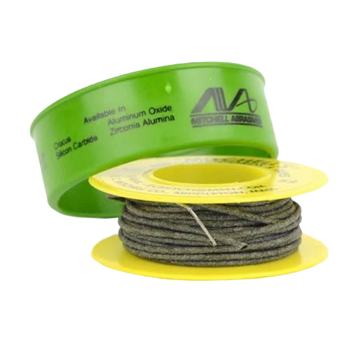 Medium grit sanding cord wrapped on yellow spool, suitable for woodworking tool accessories and home improvement projects.