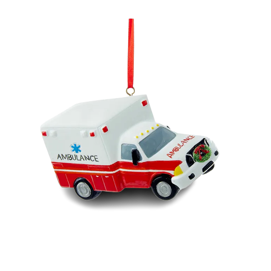 Red and white ambulance Christmas ornament with wreath detail for holiday decorations under $50 and tree decor collections