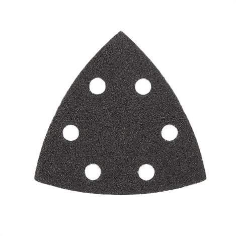 Triangle-shaped 80-grit sanding sheet with six dust extraction holes for power sanding tools and home improvement projects