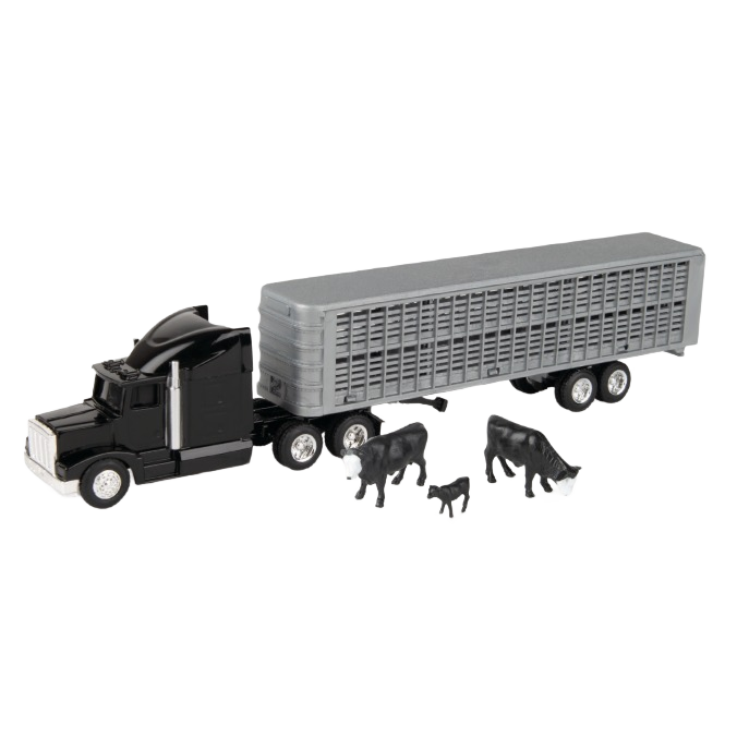 Black and gray livestock trailer truck toy with detailed miniature cattle figures for collectible display or play