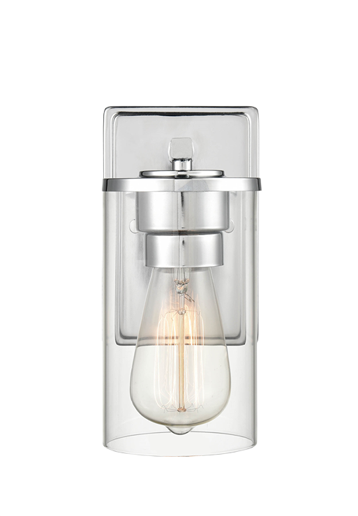 Modern chrome finished wall sconce with clear glass shade, ideal for bathroom and vanity lighting under $100 collection