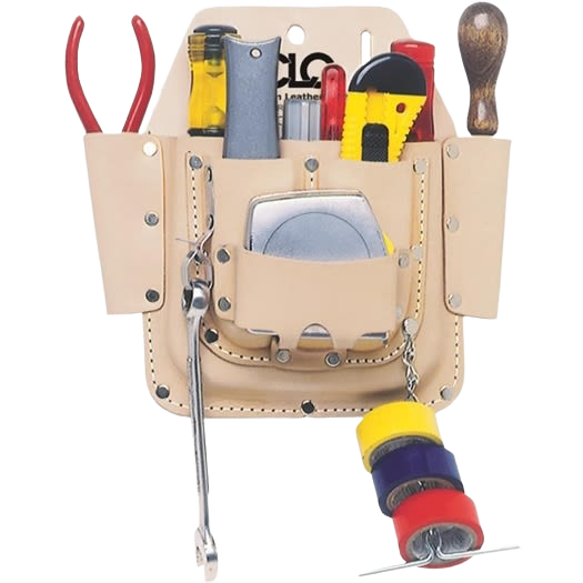 Heavy-duty leather tool pouch with six pockets holding maintenance and electrical hand tools for workshop organization.