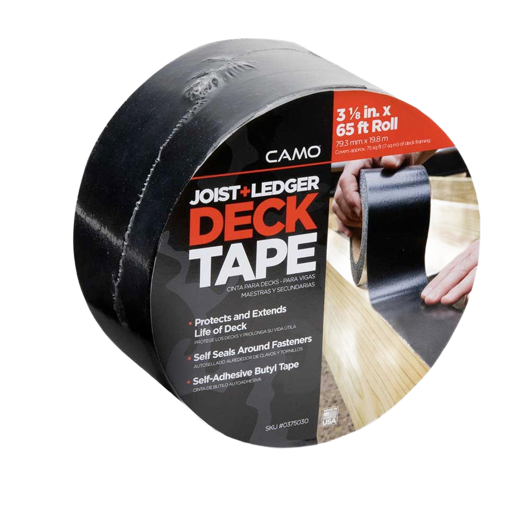 Roll of black self-adhesive butyl tape designed for deck joist and ledger protection in lumber and building materials.