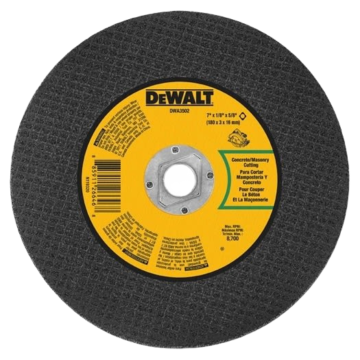 Black masonry cut-off wheel with textured surface and yellow DEWALT label for tools and home improvement tasks