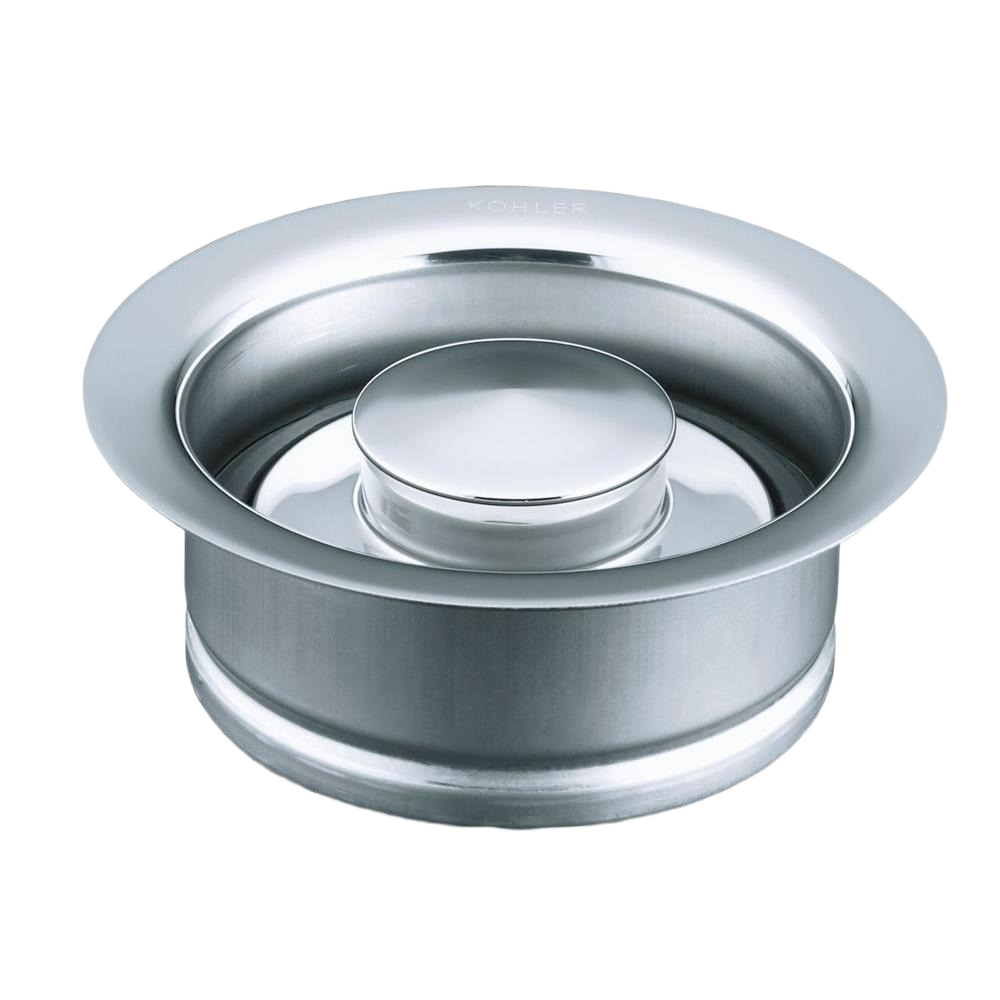 Polished chrome disposal flange with stopper for kitchen sinks, suitable for home improvement and plumbing tasks.