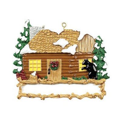 Personalized log cabin ornament with snowy roof, lit windows, pine trees, and black bear in Christmas decorations under $50 collection