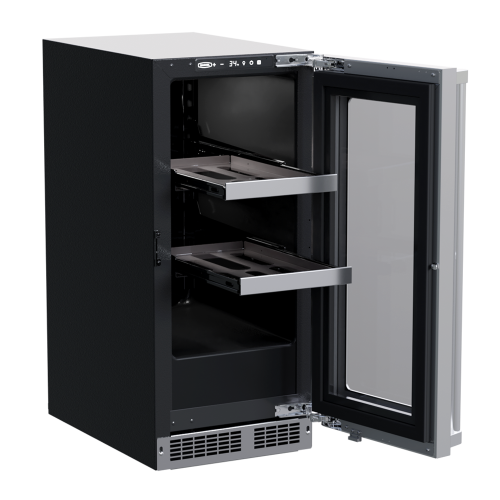 Compact professional beverage center with built-in design, adjustable shelves, and glass display door in kitchen appliances collection