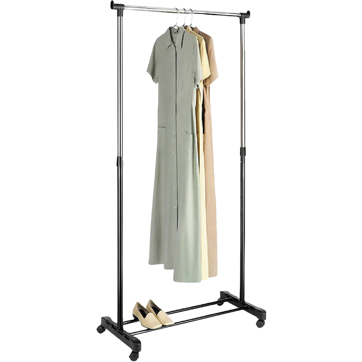 Chrome garment rack with hanging bar and bottom shoe rack on caster wheels for laundry and household organization