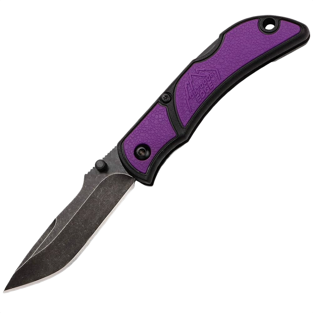 Folding knife with a 2.5-inch coated stainless steel blade and textured purple handle for cutting and woodworking tasks