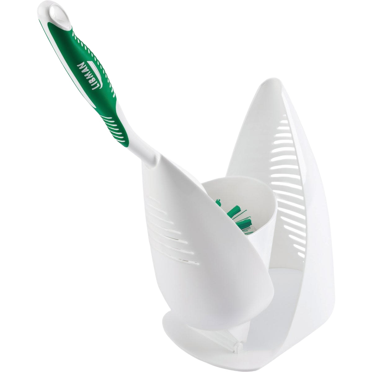 Toilet brush with angled green handle and white caddy for cleaning tasks in home improvement and cleaning tools collections