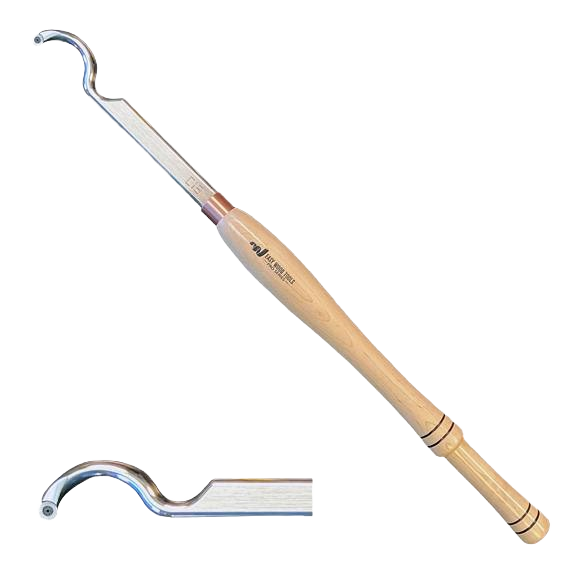 Wood carving hollower tool with wooden handle and curved polished metal blade for detailed woodworking tasks